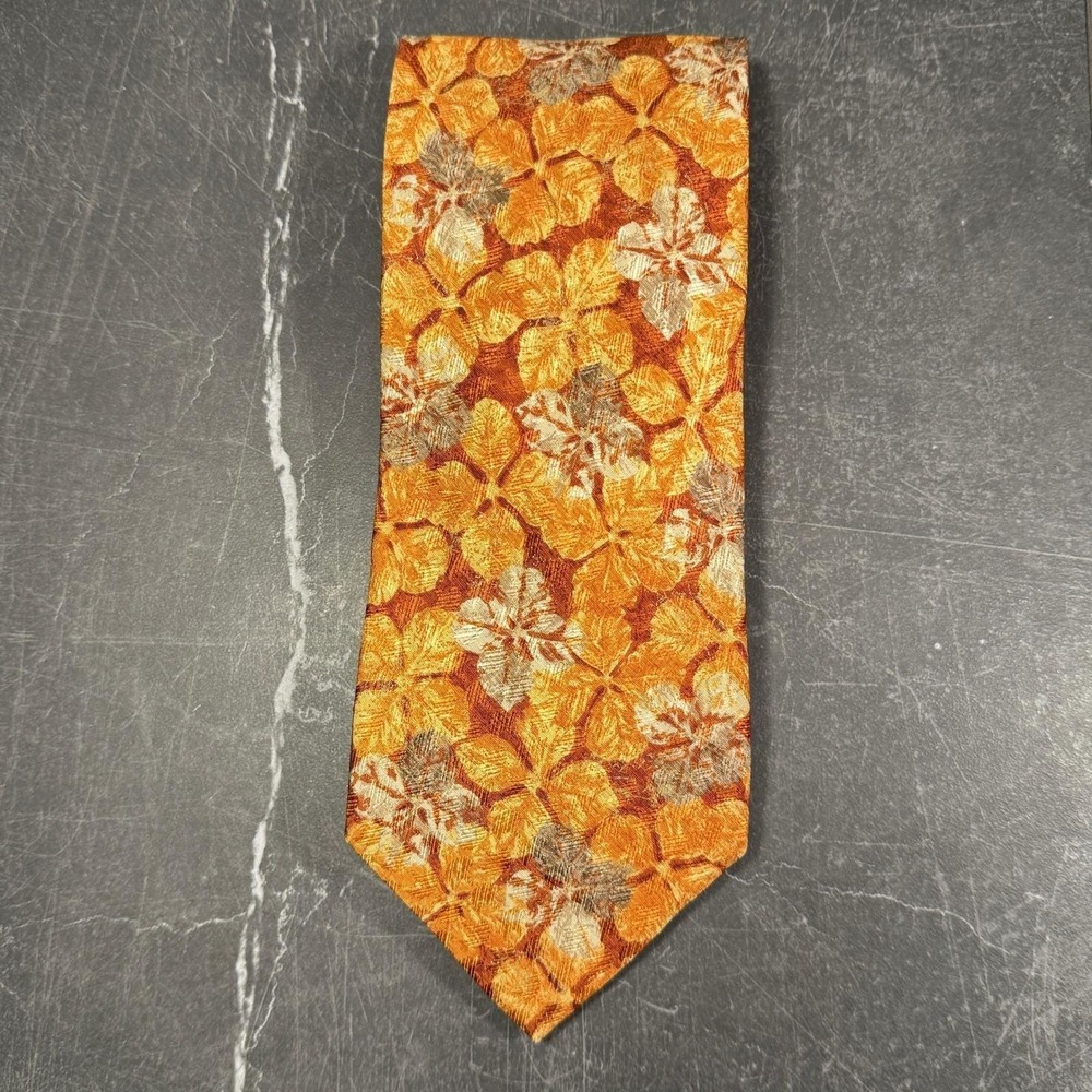Ermenegildo Zegna | Vintage 1990s Floral Leaf Silk Orange Brown Mens Tie